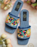 Majestic Butterflies Denim Slides - Vibrant Resham Embroidery For Women