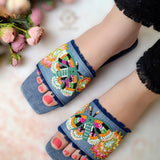 Majestic Butterflies Denim Slides - Vibrant Resham Embroidery For Women