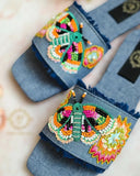 Majestic Butterflies Denim Slides - Vibrant Resham Embroidery For Women