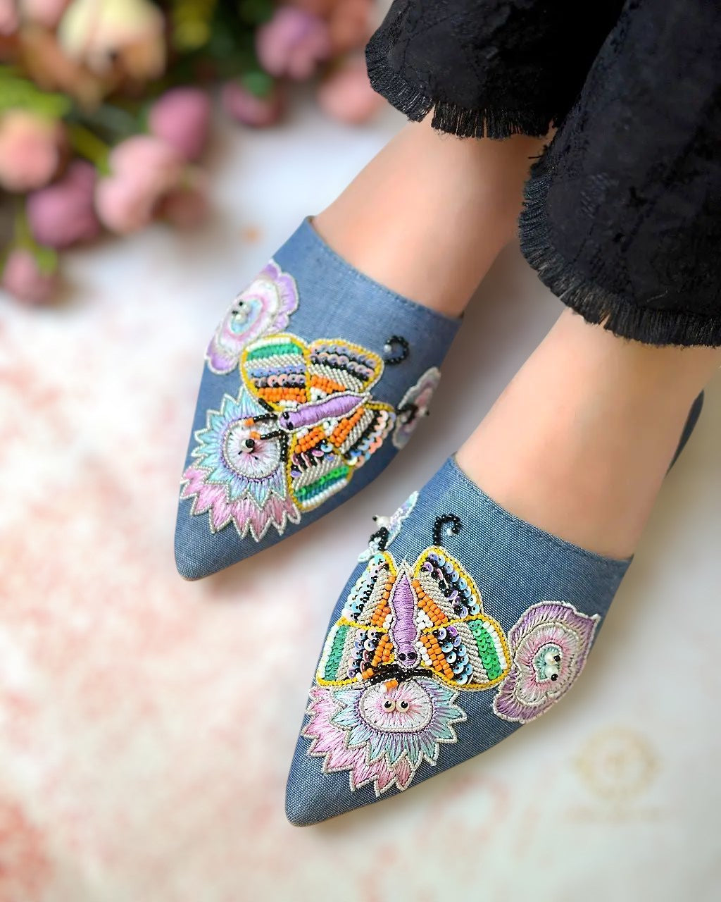 Denim Mules with Vibrant Resham Embroidery For Women