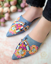 Denim Mules with Colorful Resham Embroidery For Women