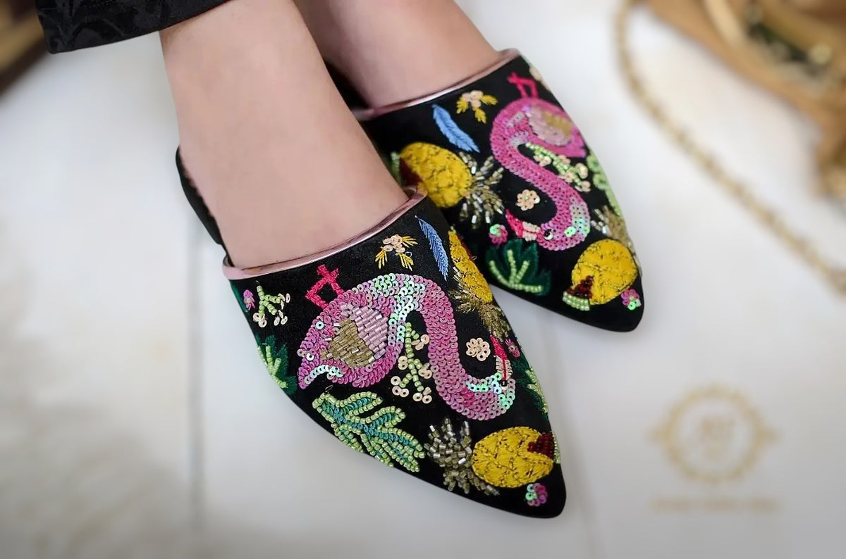 Flamingo Mules with Sequins and Resham Work For Women