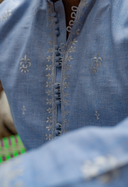 Sky Blue Short Embroidered Kurta with Farshi Shalwar For Men