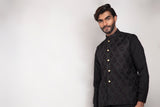 Black Self Embroidered Waist Coat For Men