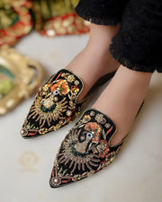 Black Peacock Mules with Elegant Embroidery For Women
