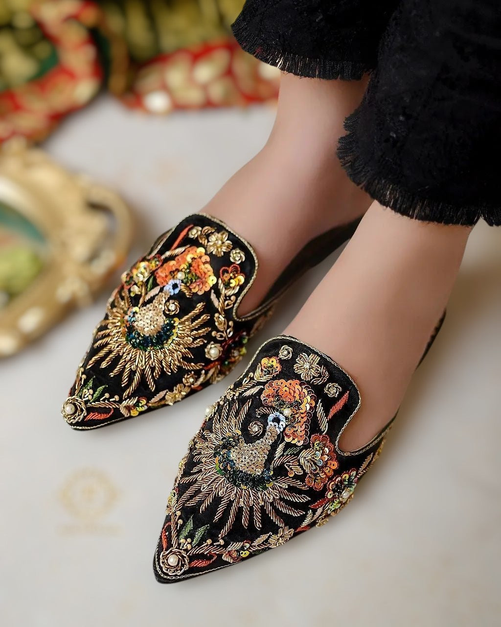 Black Peacock Mules with Elegant Embroidery For Women