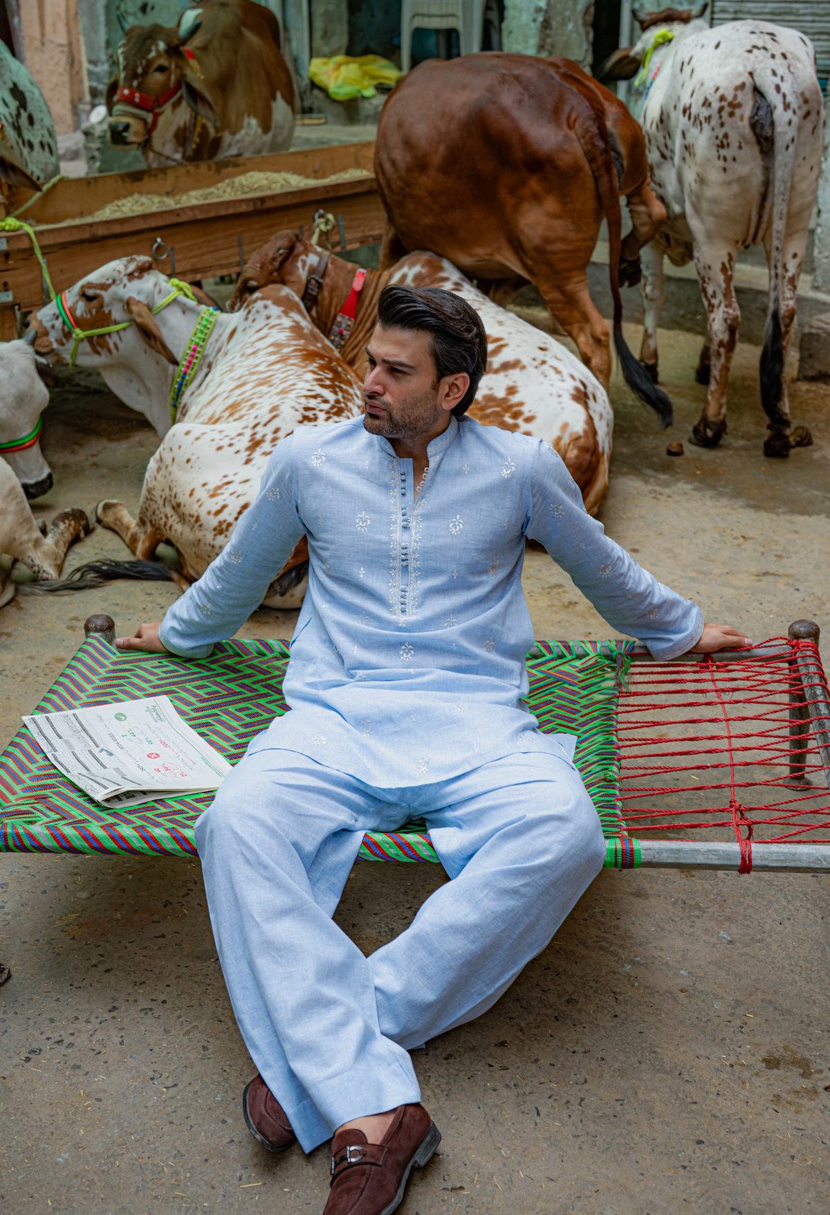 Sky Blue Short Embroidered Kurta with Farshi Shalwar For Men