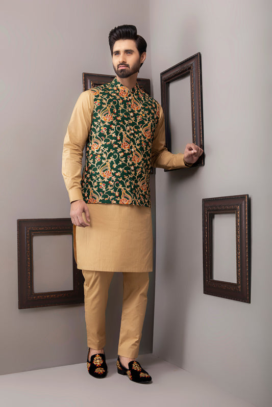 Royal Green Zari Embroidered Waist Coat For Men