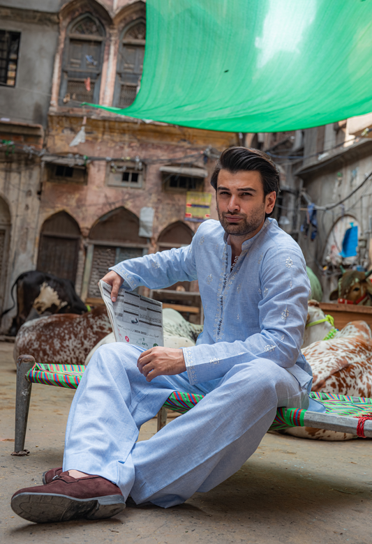 Sky Blue Short Embroidered Kurta with Farshi Shalwar For Men