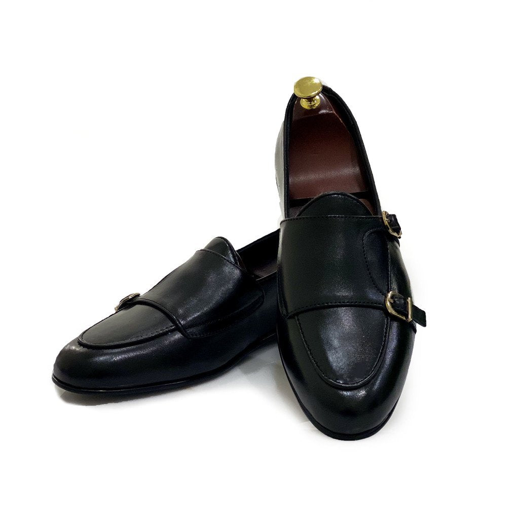 Brown & Black Leather With Golden Buckle Shoes for Men