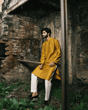 Mustard 2-Piece Cotton Silk Kurta Suit With Pant For Men