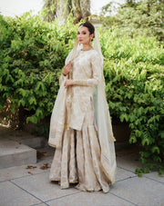 Saahiba – 3 Piece Off-White Satin Brocade Gharara Set For Women