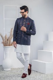 Blue Color Golden Embroidered Prince Coat For Men