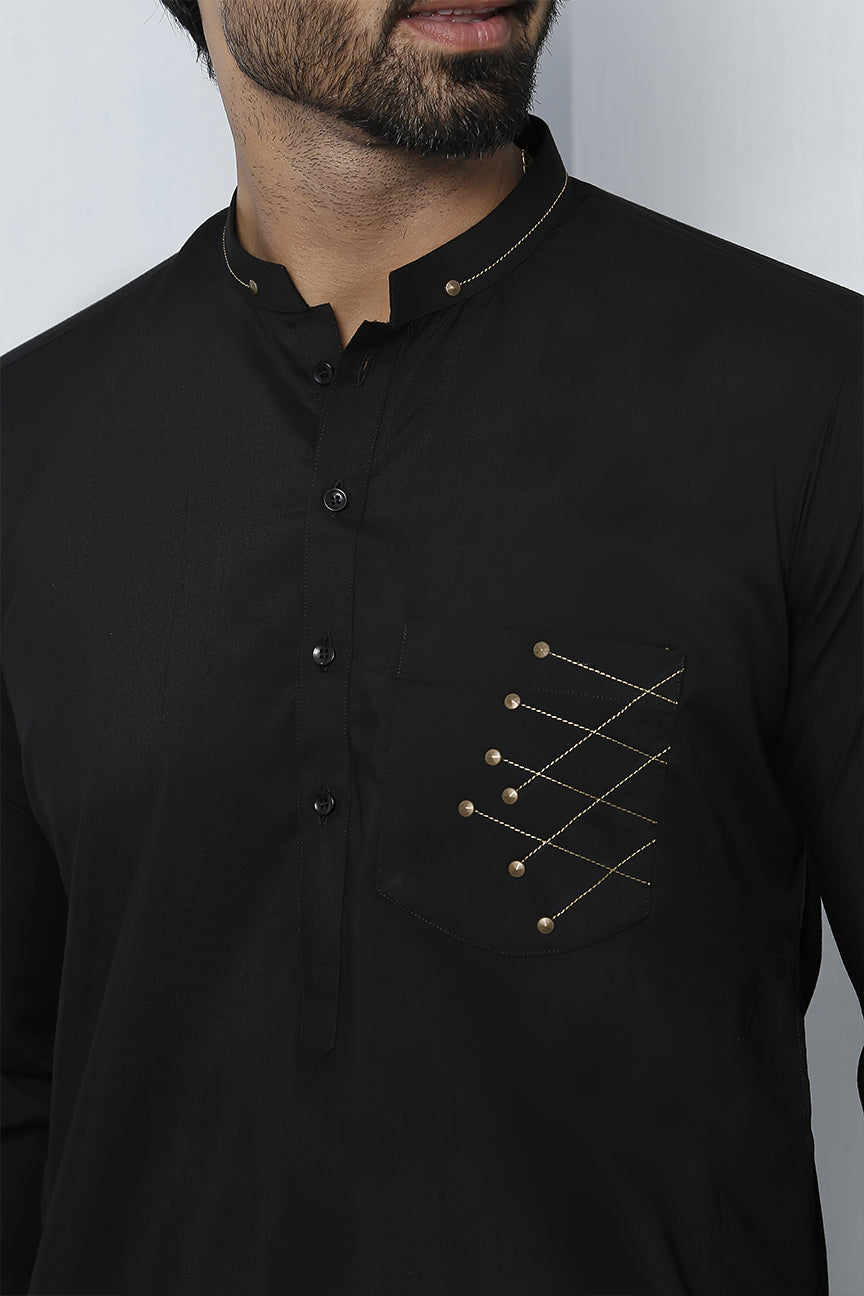 Black Golden Embroidered Kurta Pajama For Men