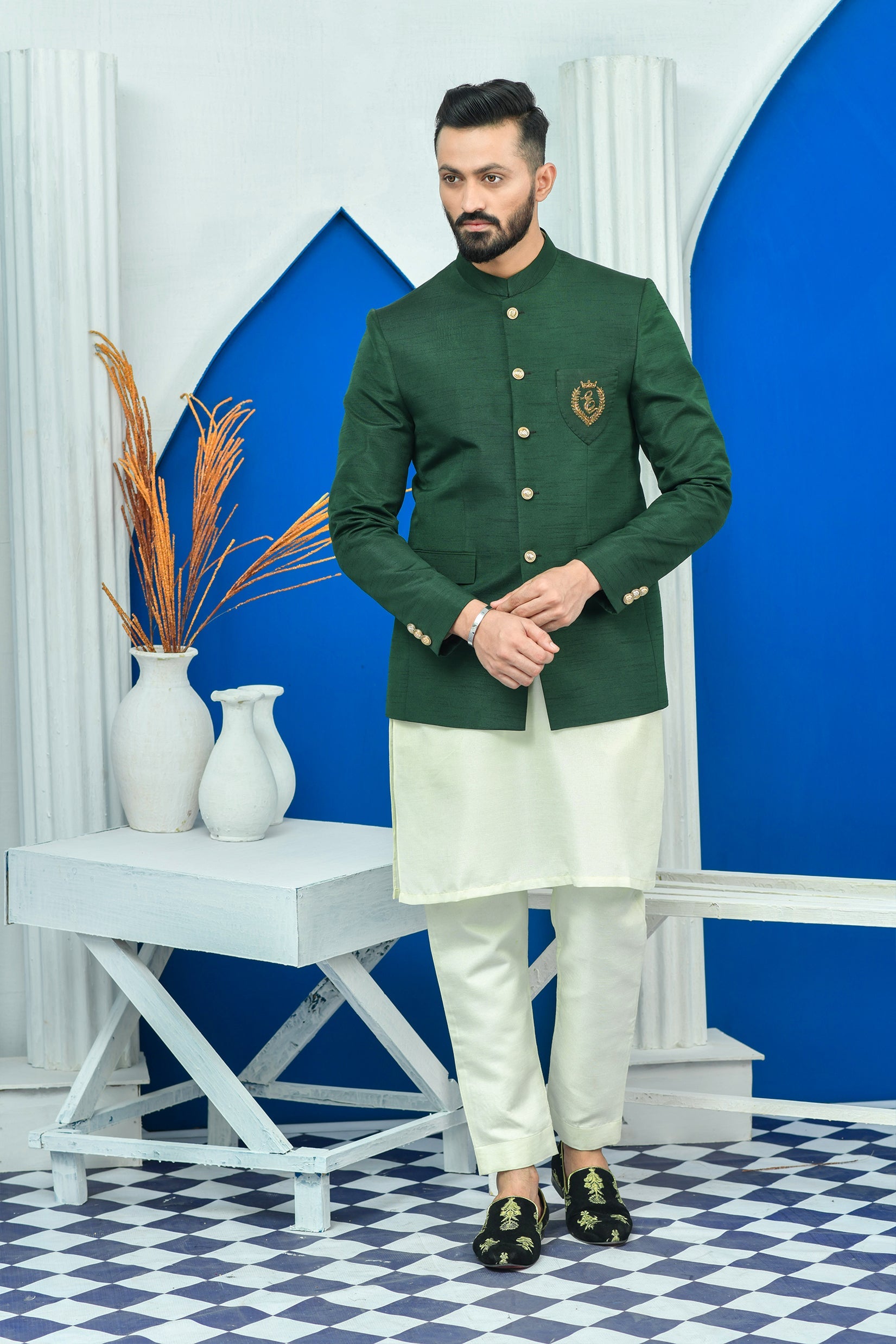 Green Color Raw Silk Embroidered Prince Coat For Men