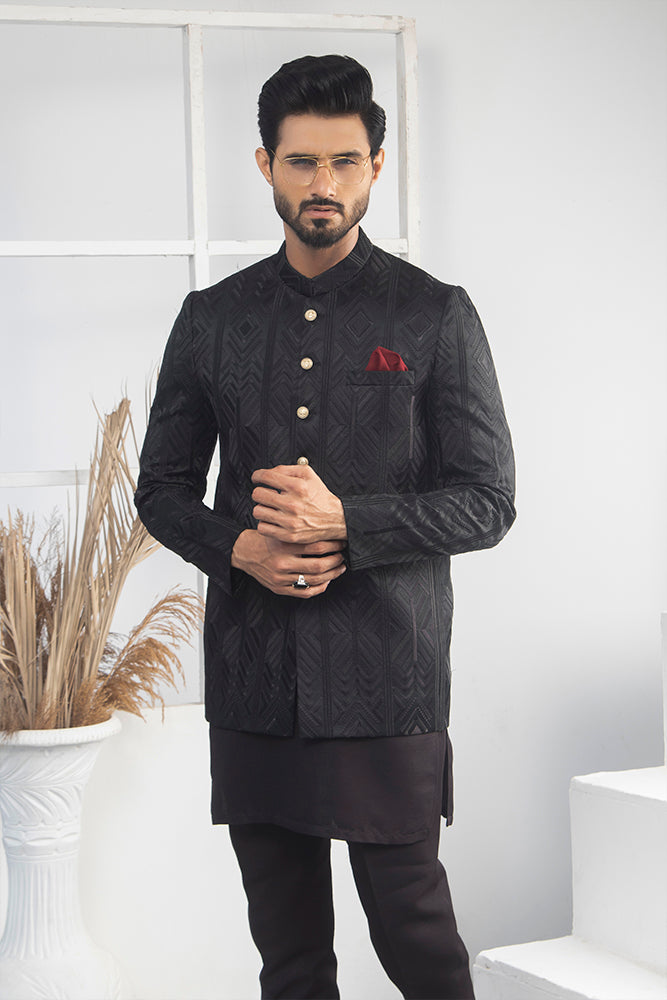 Black Color Block Embroidered Prince Coat For Men