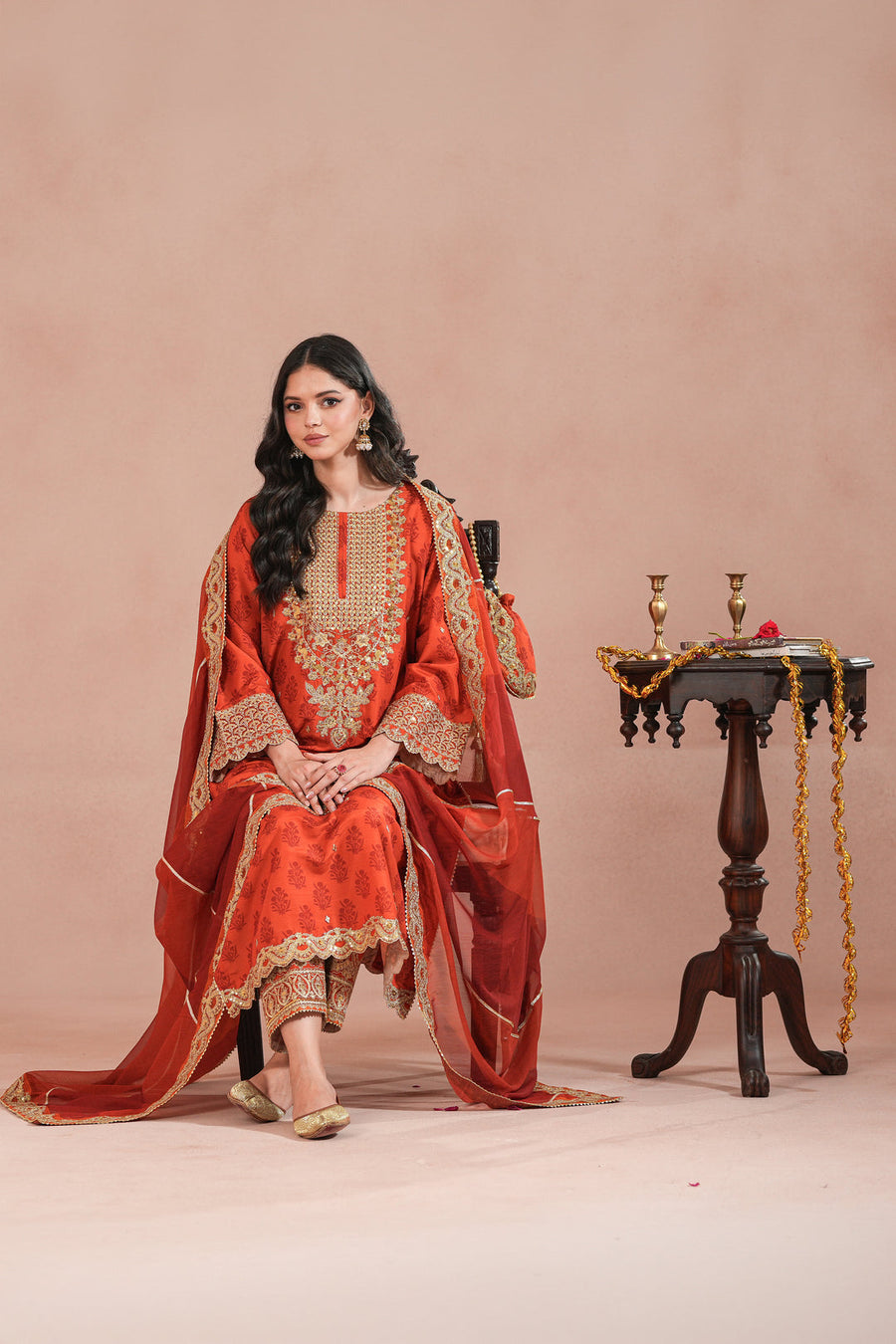 Rust Orange Royal Embroidered Raw Silk Suit For Women