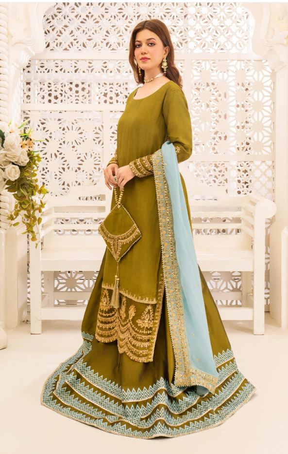 Nazneen Long Silk Shirt with Lehenga & Chiffon Dupatta For Women