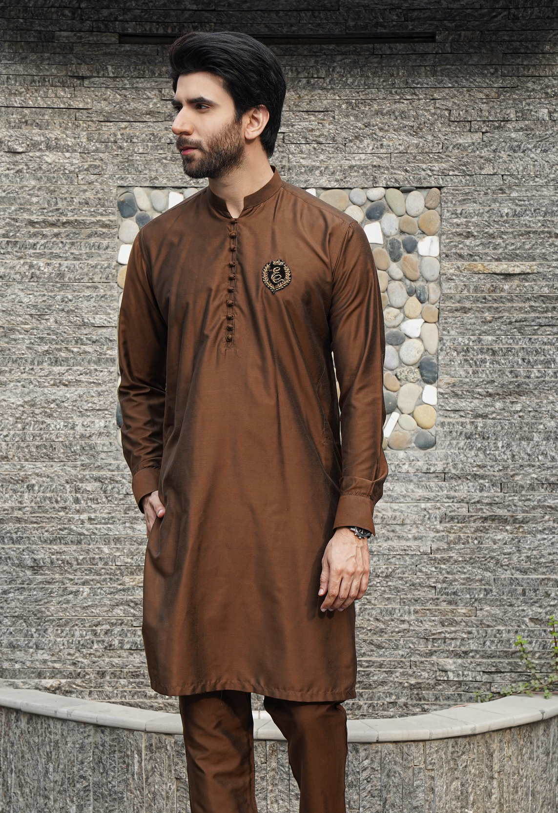 Brown Color Signature Embroidered Raw Silk Kurta Pajama For Men