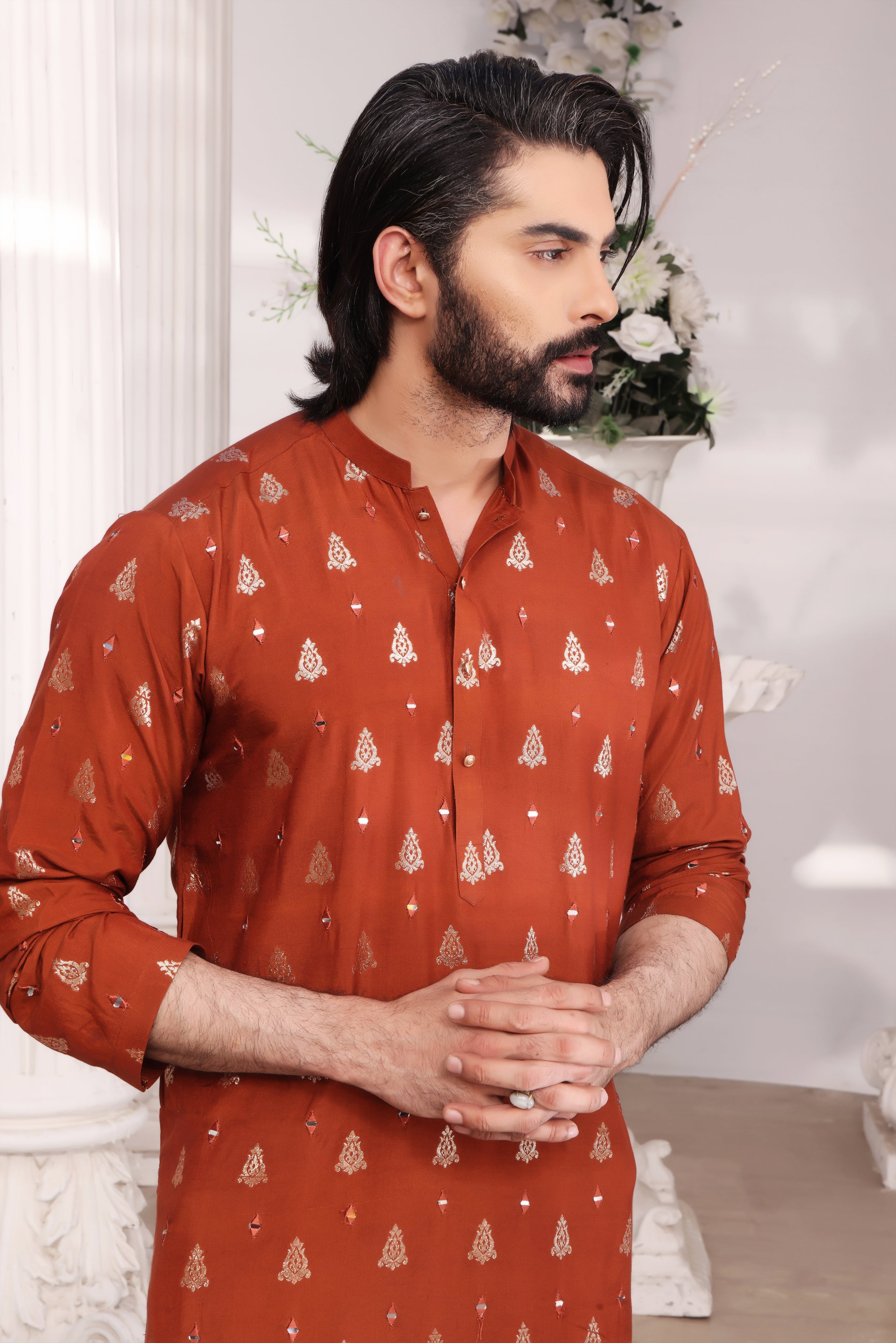 Orange Color Mirror Embroidered Self-Cotton Kurta Pajama For Men