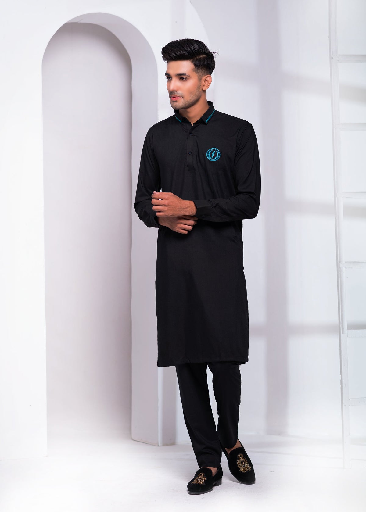 Black Color EMB Collar Embroidered Kurta Pajama For Men