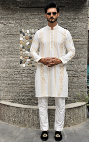White Color Golden Embroidered Kurta Pajama For Men