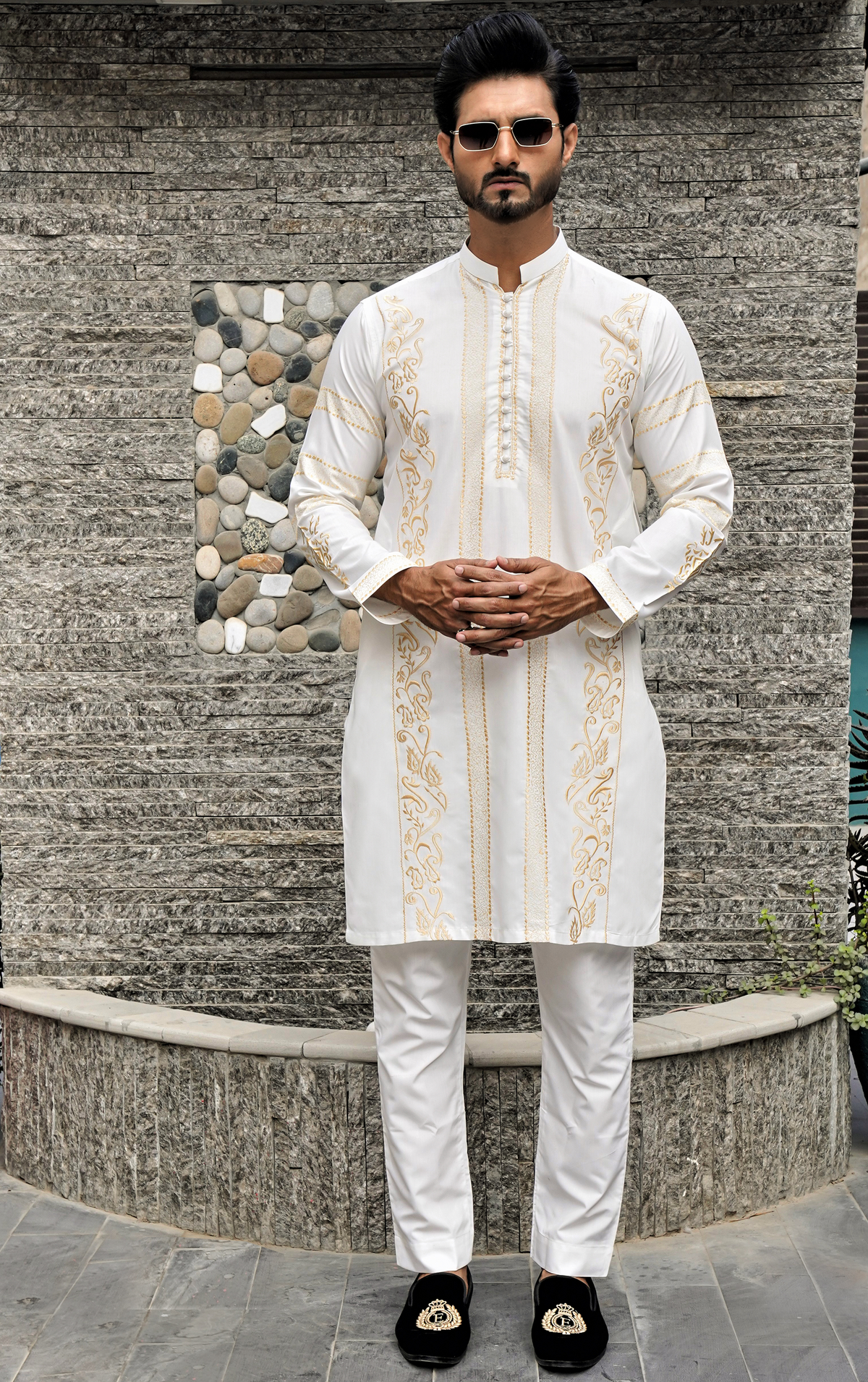 White Color Golden Embroidered Kurta Pajama For Men