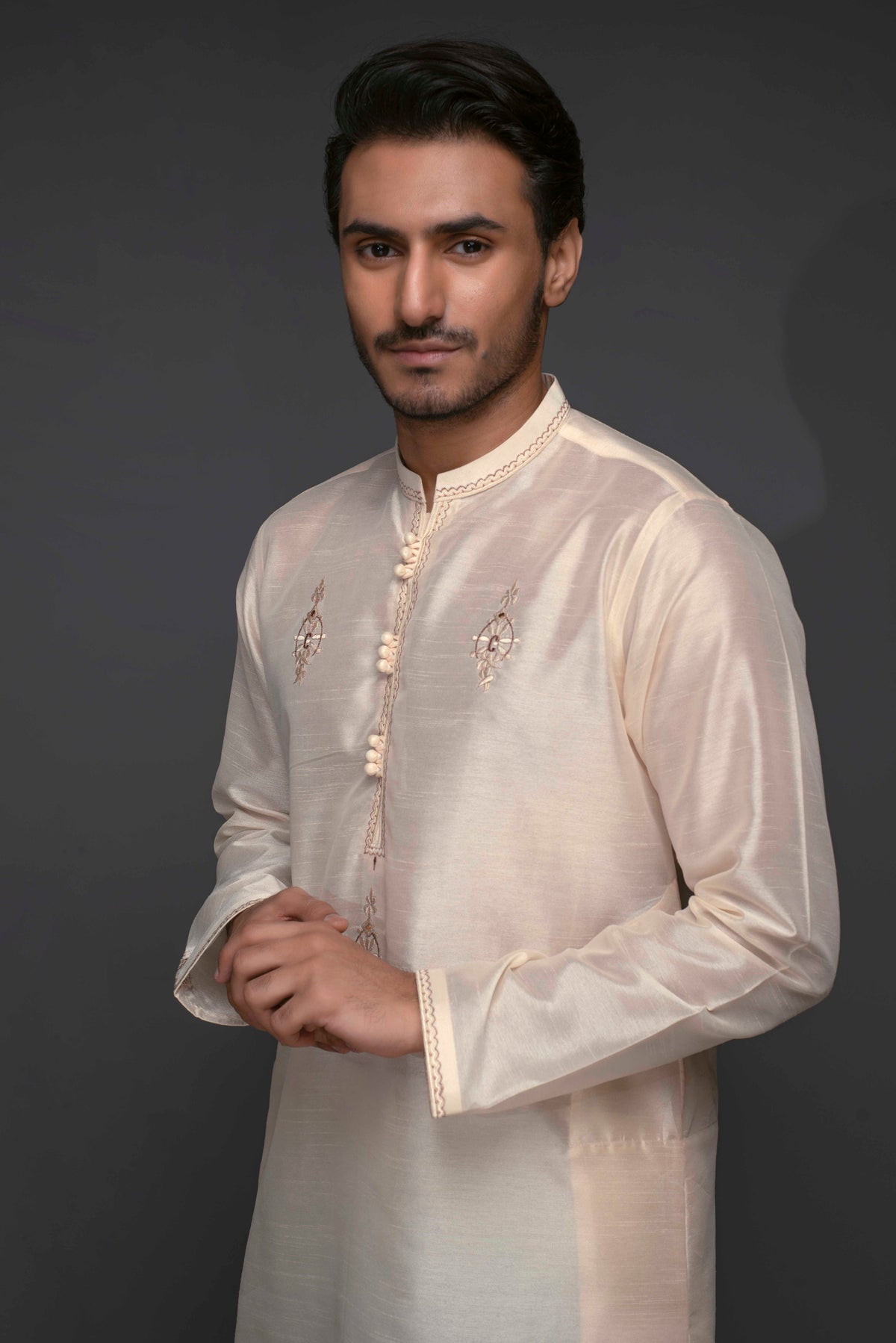 Golden Color Raw-Silk Embroidered Kurta Pajama For Men