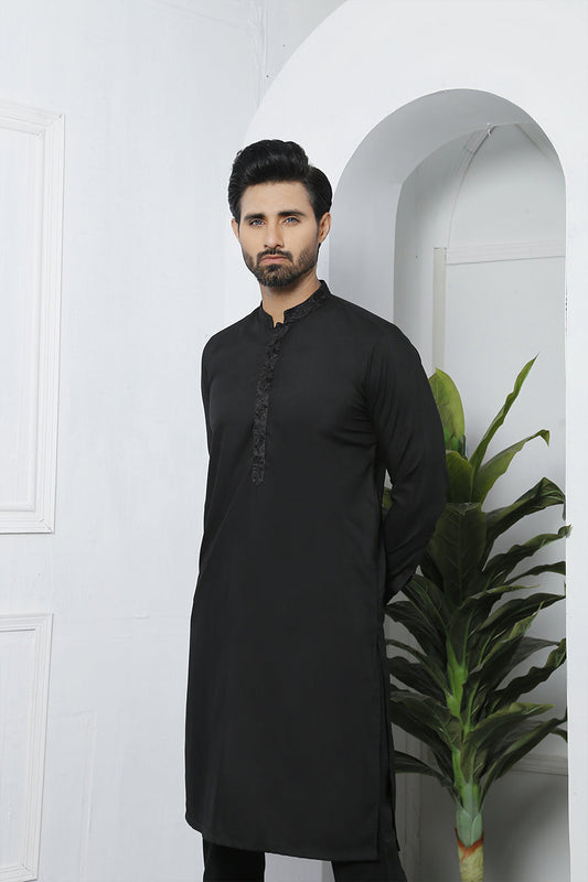 Black Collar & Neck Embroidered Kurta Pajama For Men