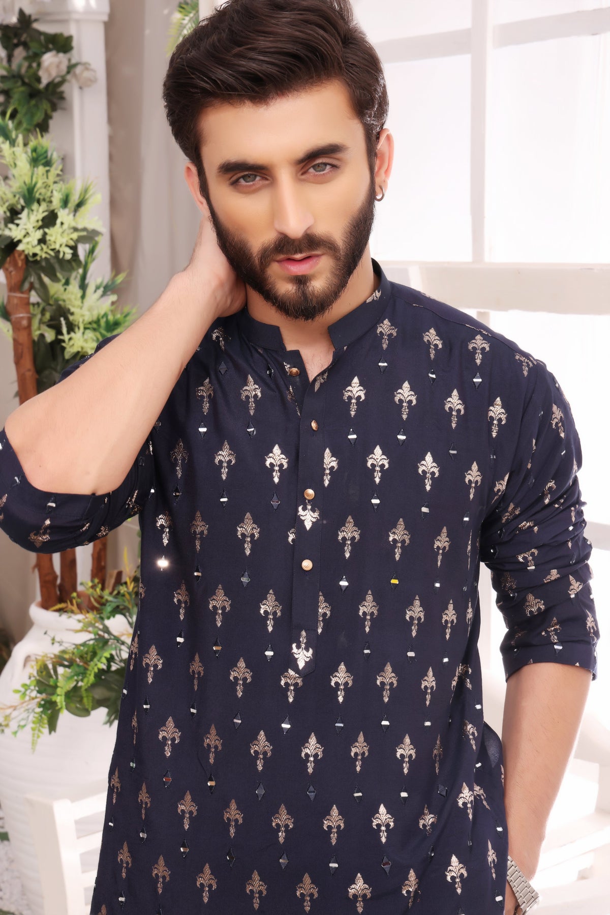 Blue Color Mirror Embroidered Self-Cotton Kurta Pajama For Men