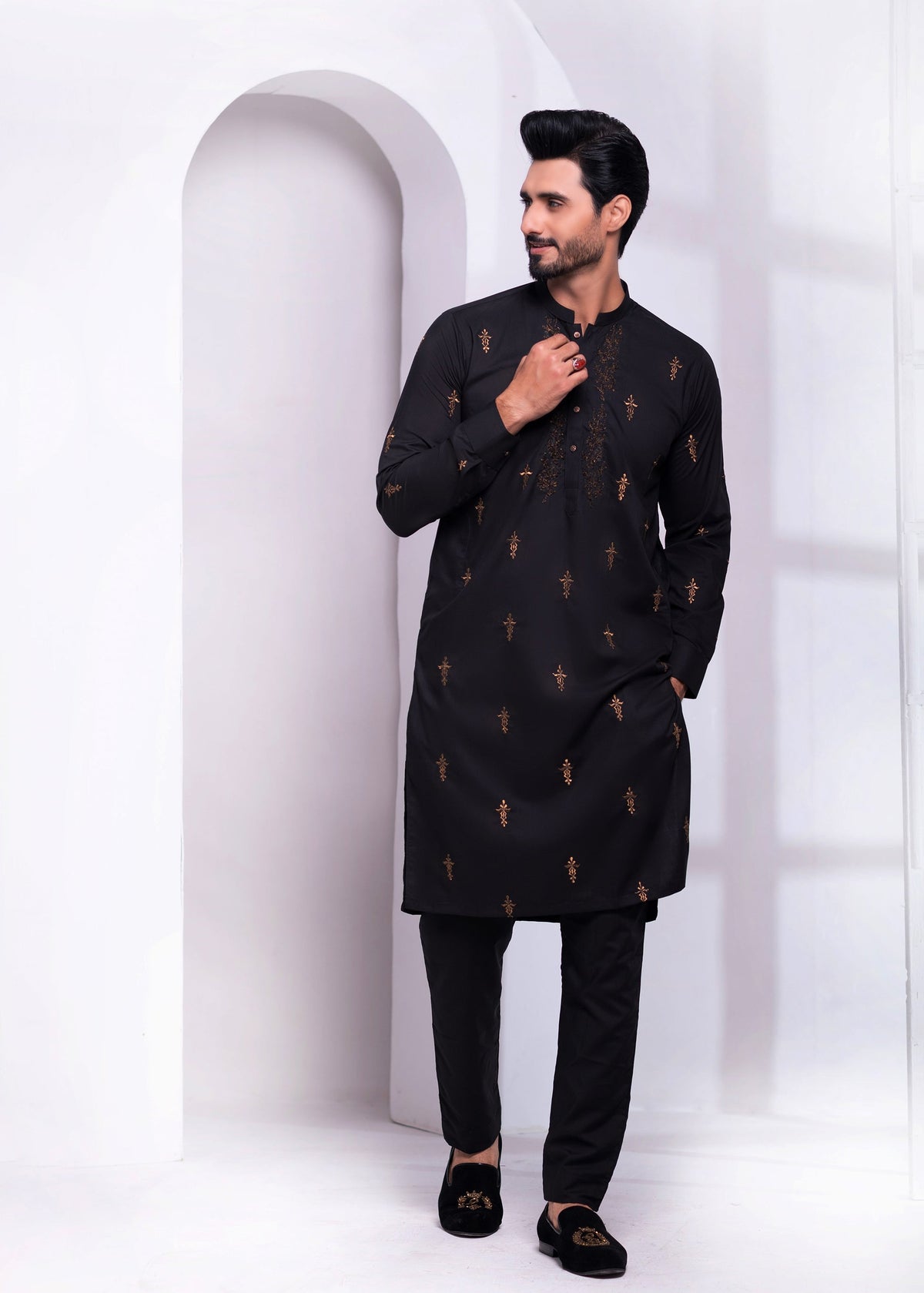 Black Color Block Embroidered Kurta Pajama For Men