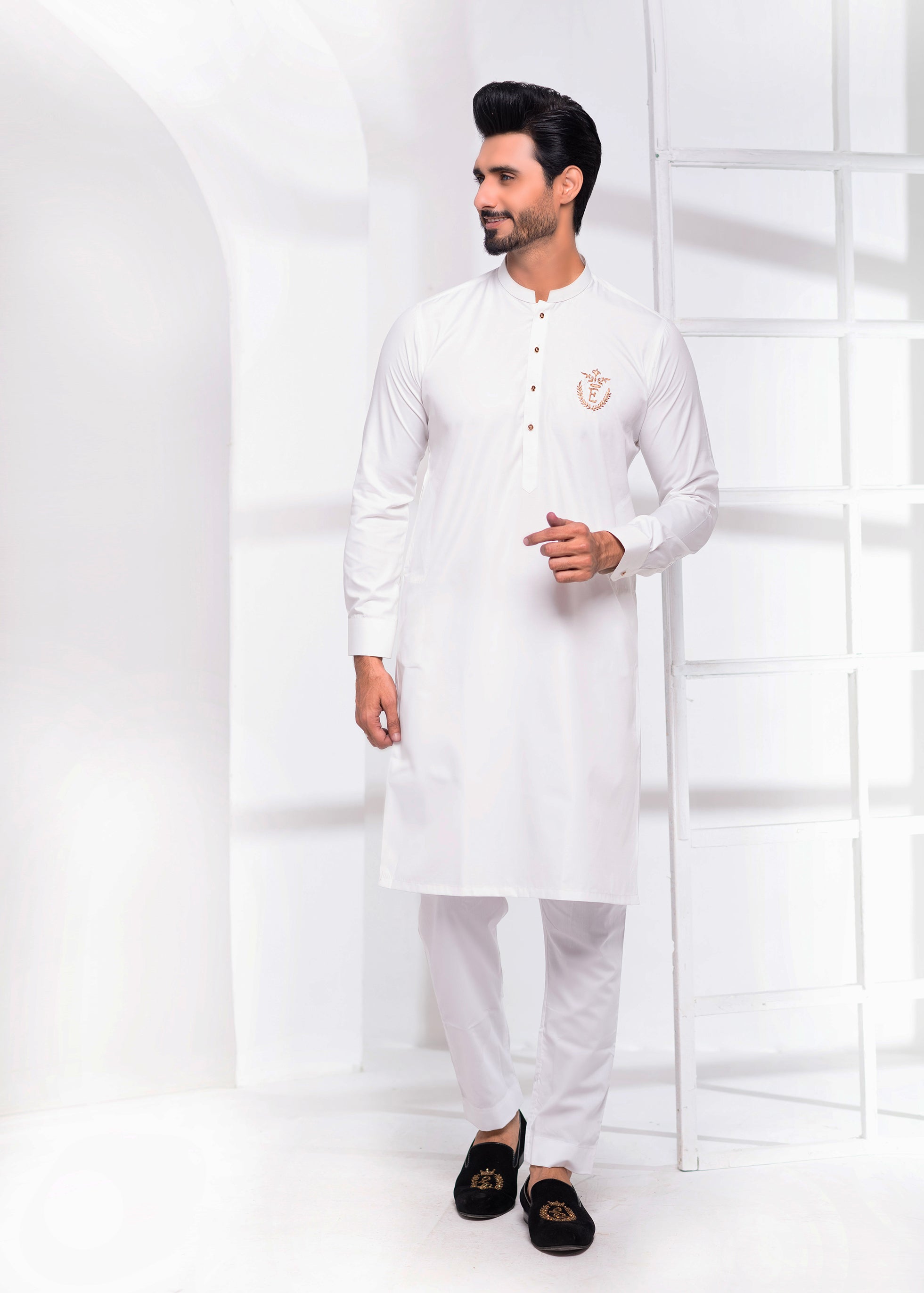 White Color Signature Logo Embroidered Kurta Pajama For Men