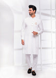 White Color Signature Logo Embroidered Kurta Pajama For Men