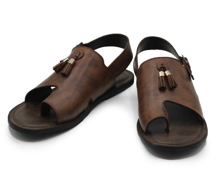 Brown Color With Brown-Tassels Leather Sandals For Men