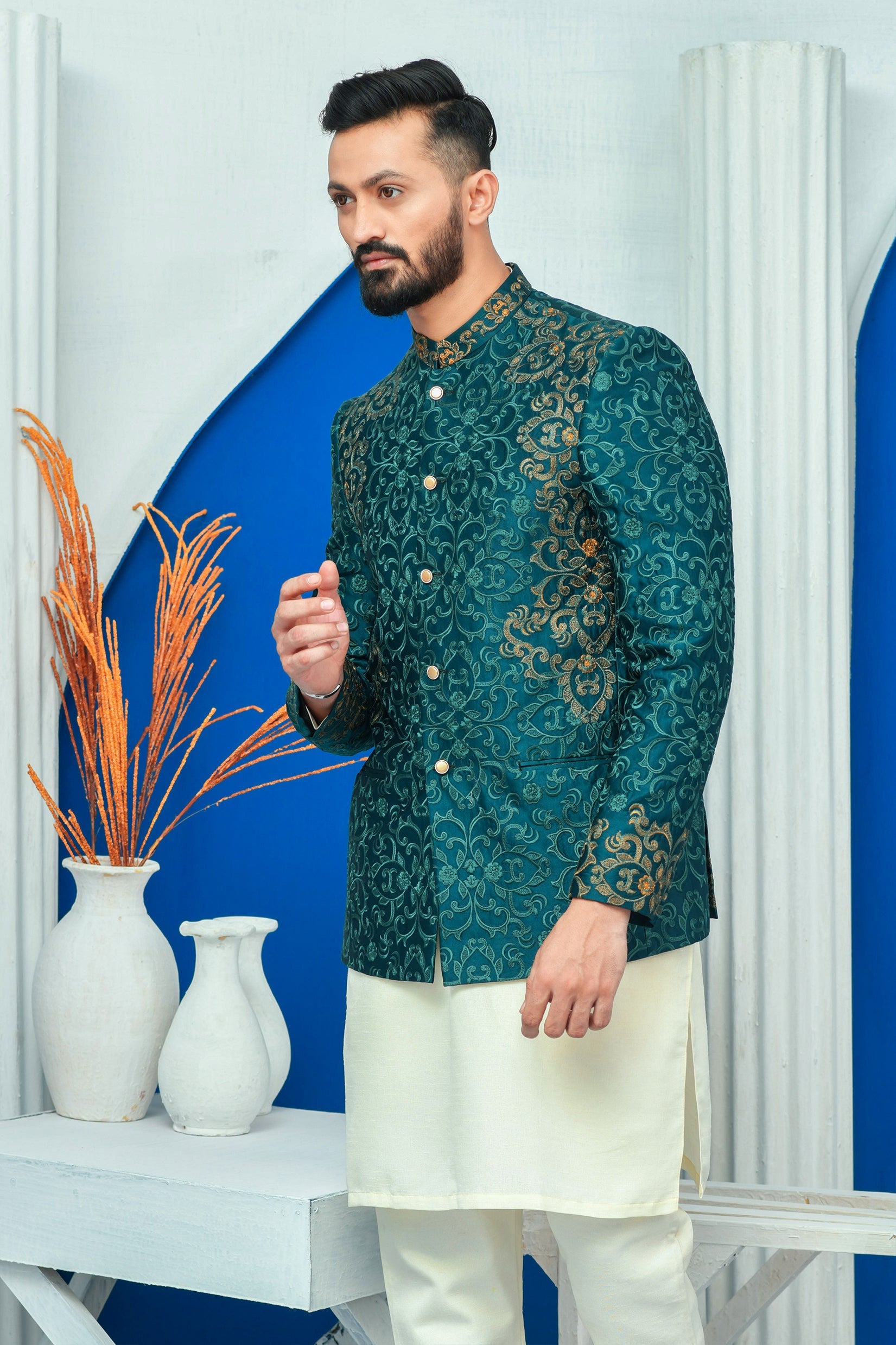 Royal Green Zari Embroidered Prince Coat For Men
