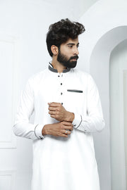 White Color Polka Dot Embroidered Kurta Pajama For Men