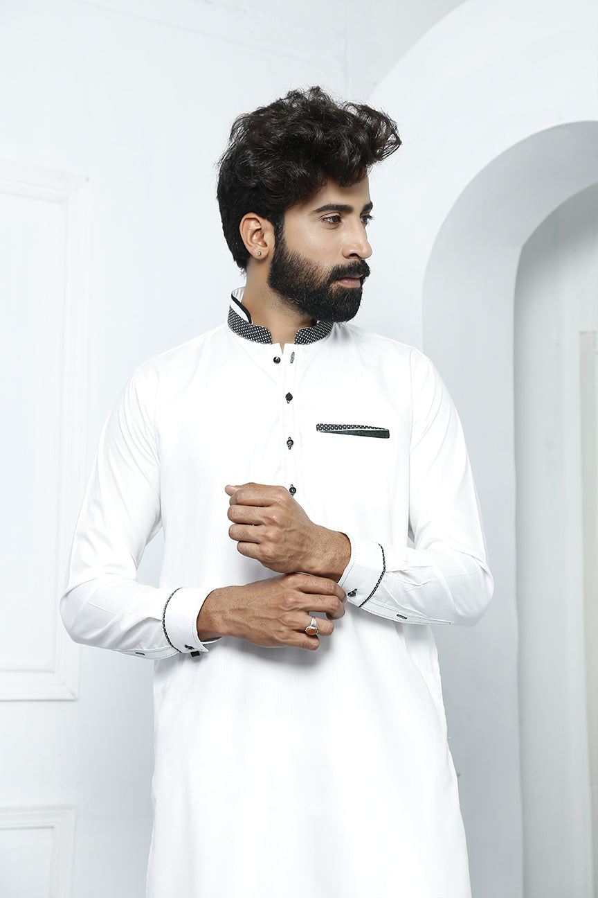 White Color Polka Dot Embroidered Kurta Pajama For Men