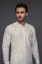 White Color Geometric Embroidered Front Open Design Kurta Pajama For Men