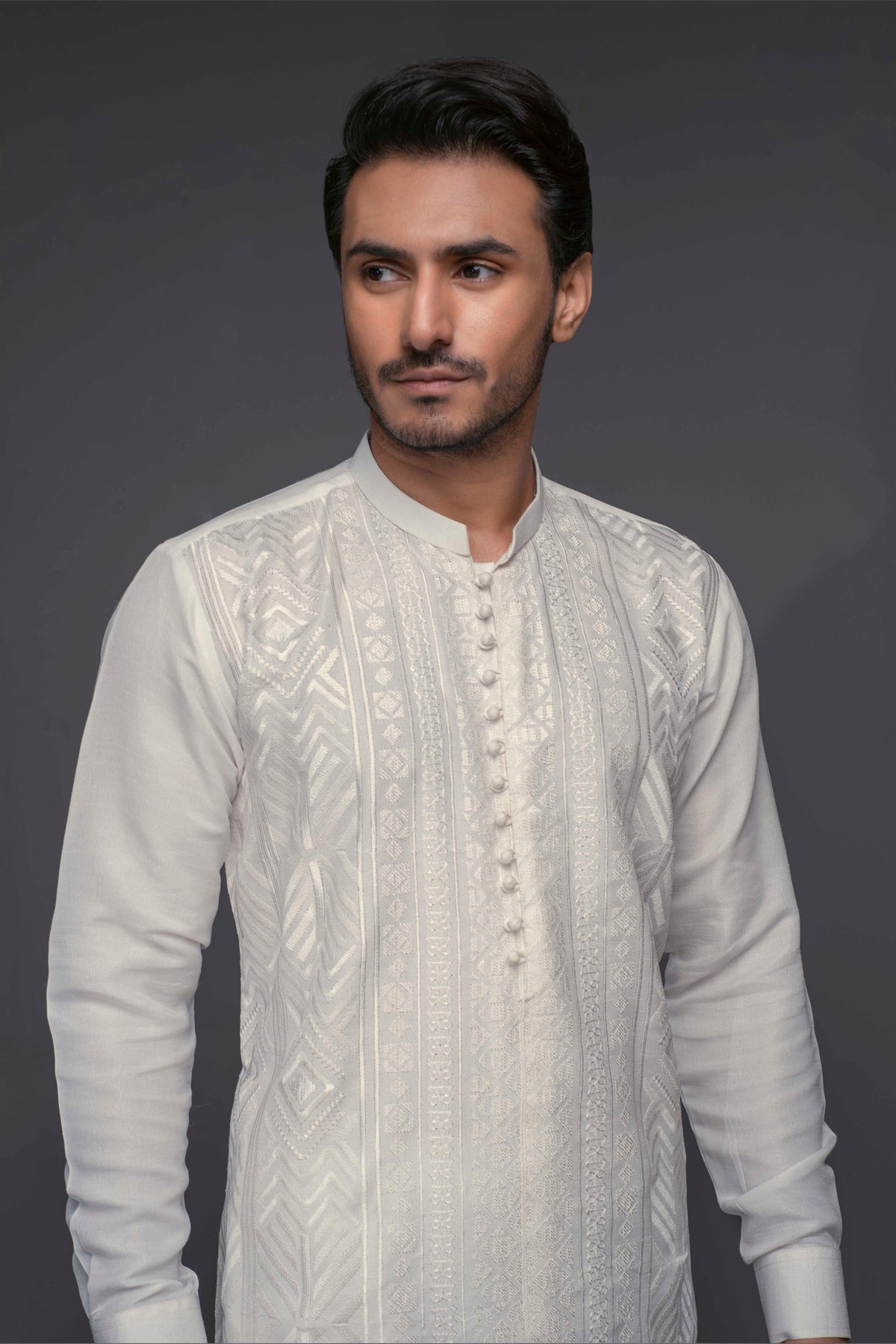 White Color Geometric Embroidered Front Open Design Kurta Pajama For Men