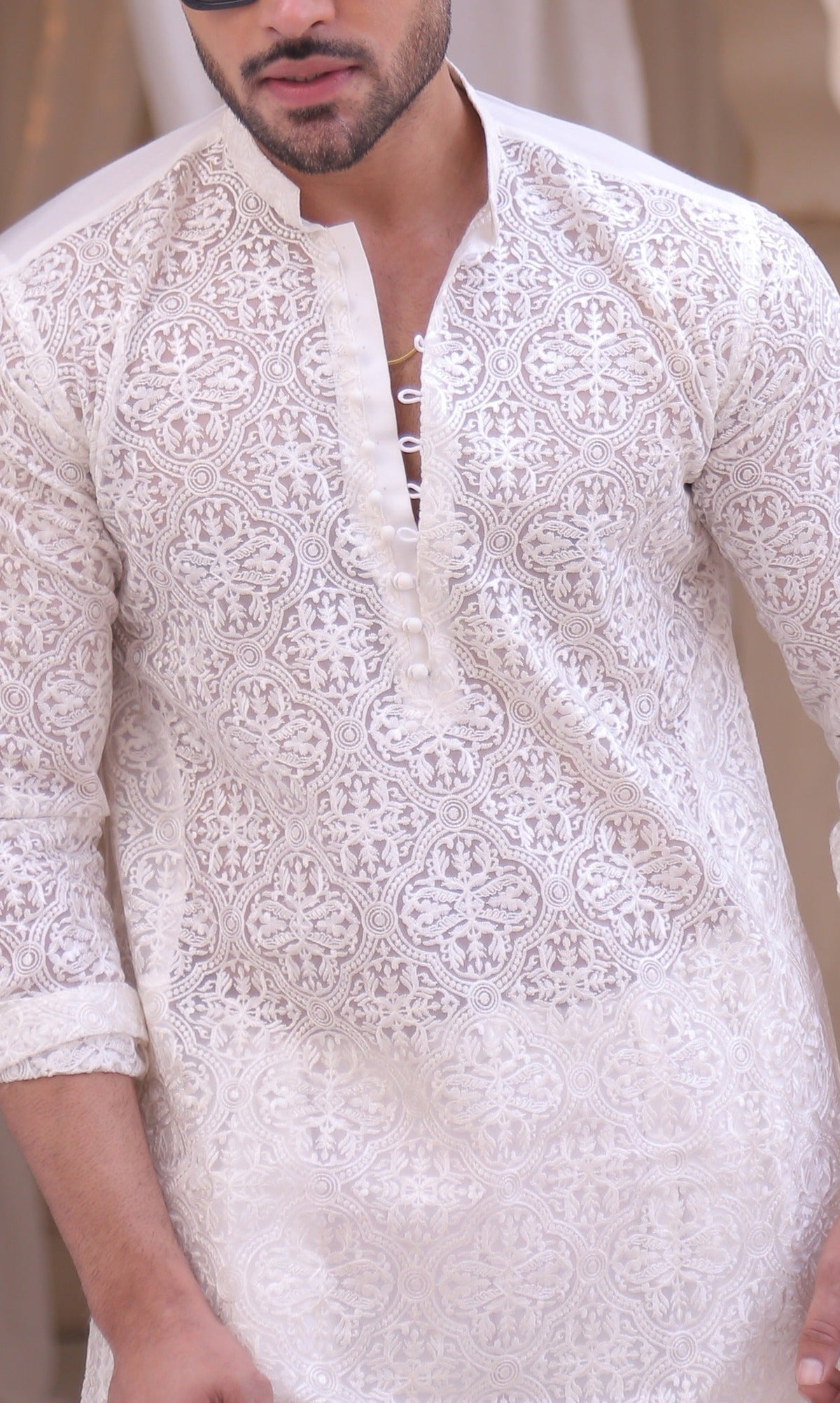 White Color Chicken Kari Embroidery Work Kurta Pajama For Men