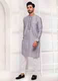 Grey Color Raw Silk Mirror Embroidered Kurta Pajama For Men