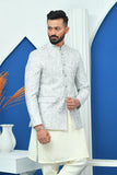 White & Silver Zari Work Embroidered Prince Coat For Men