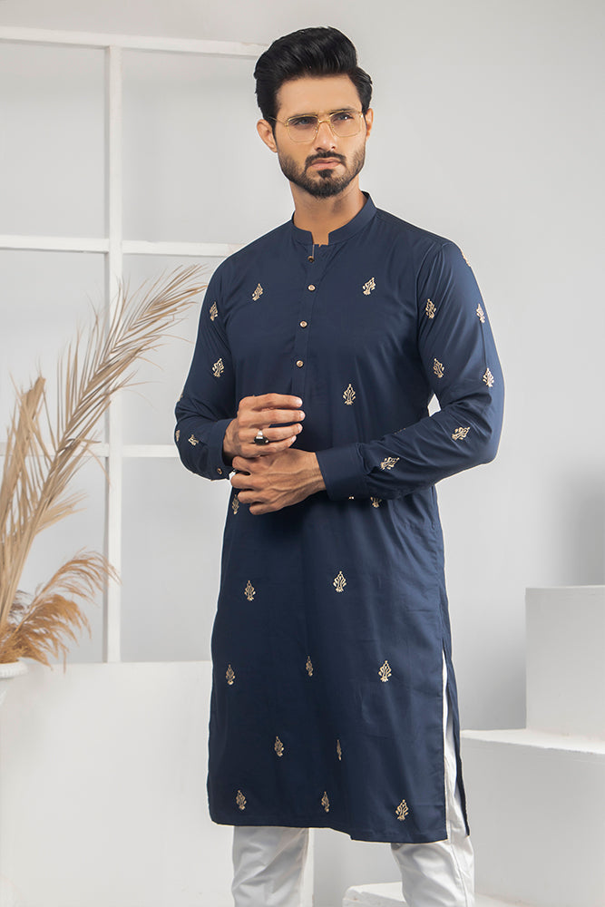 Blue & White Color Gold Embroidered Kurta Pajama For Men