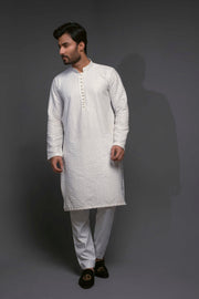 White Color Chicken Kari Diagonal Embroidered Kurta Pajama For Men