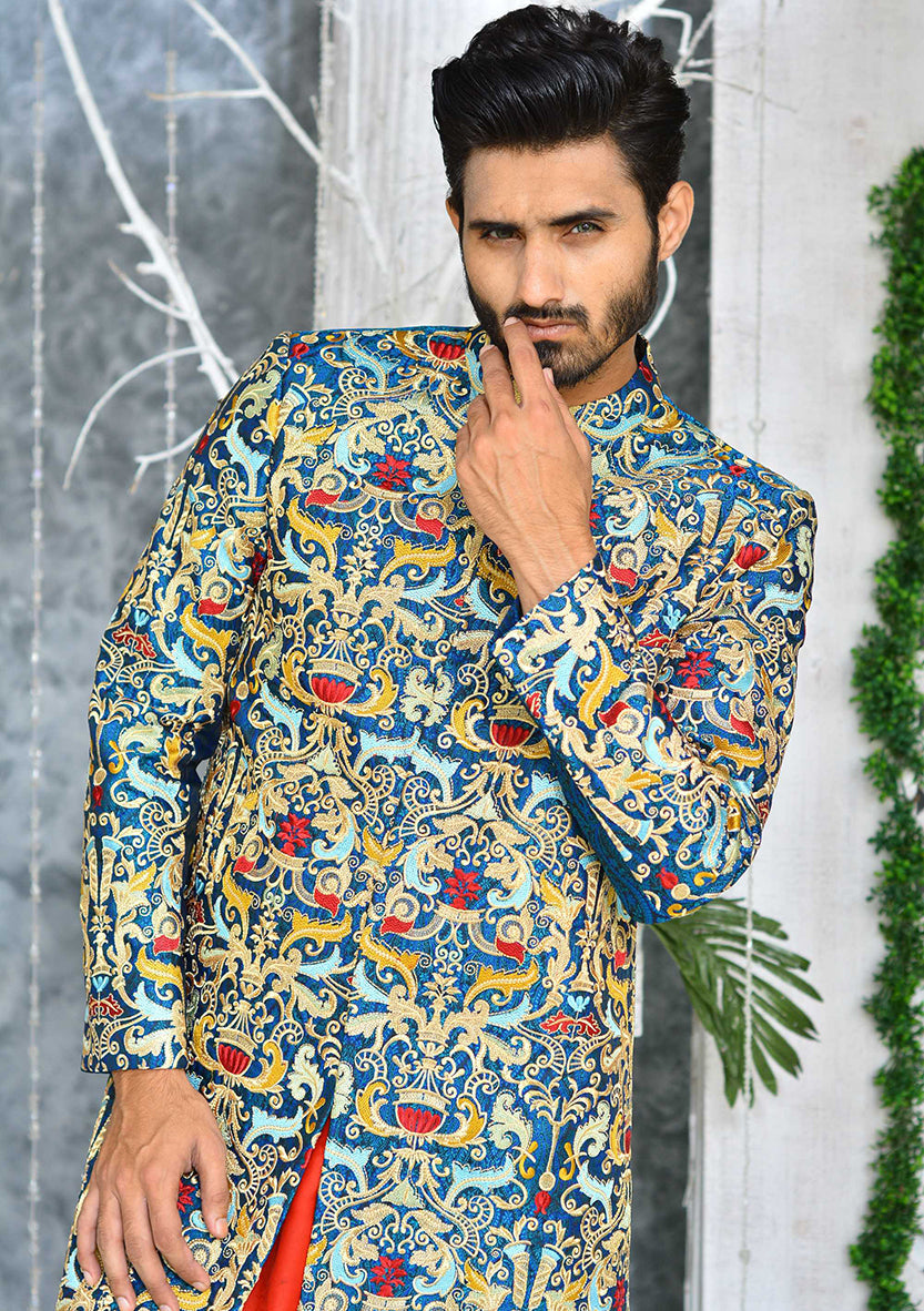 Multi Color Embroidered Sherwani For Men