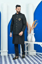 Black Exclusive Tropical Checkered Embroidered Prince Coat For Men
