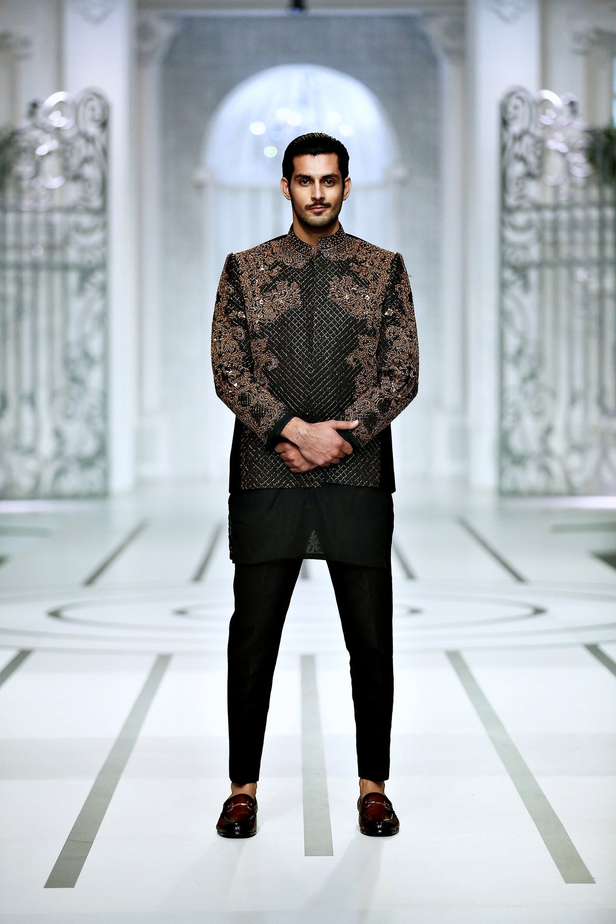 Black Color Front Open Design Embroidered Prince Coat For Men