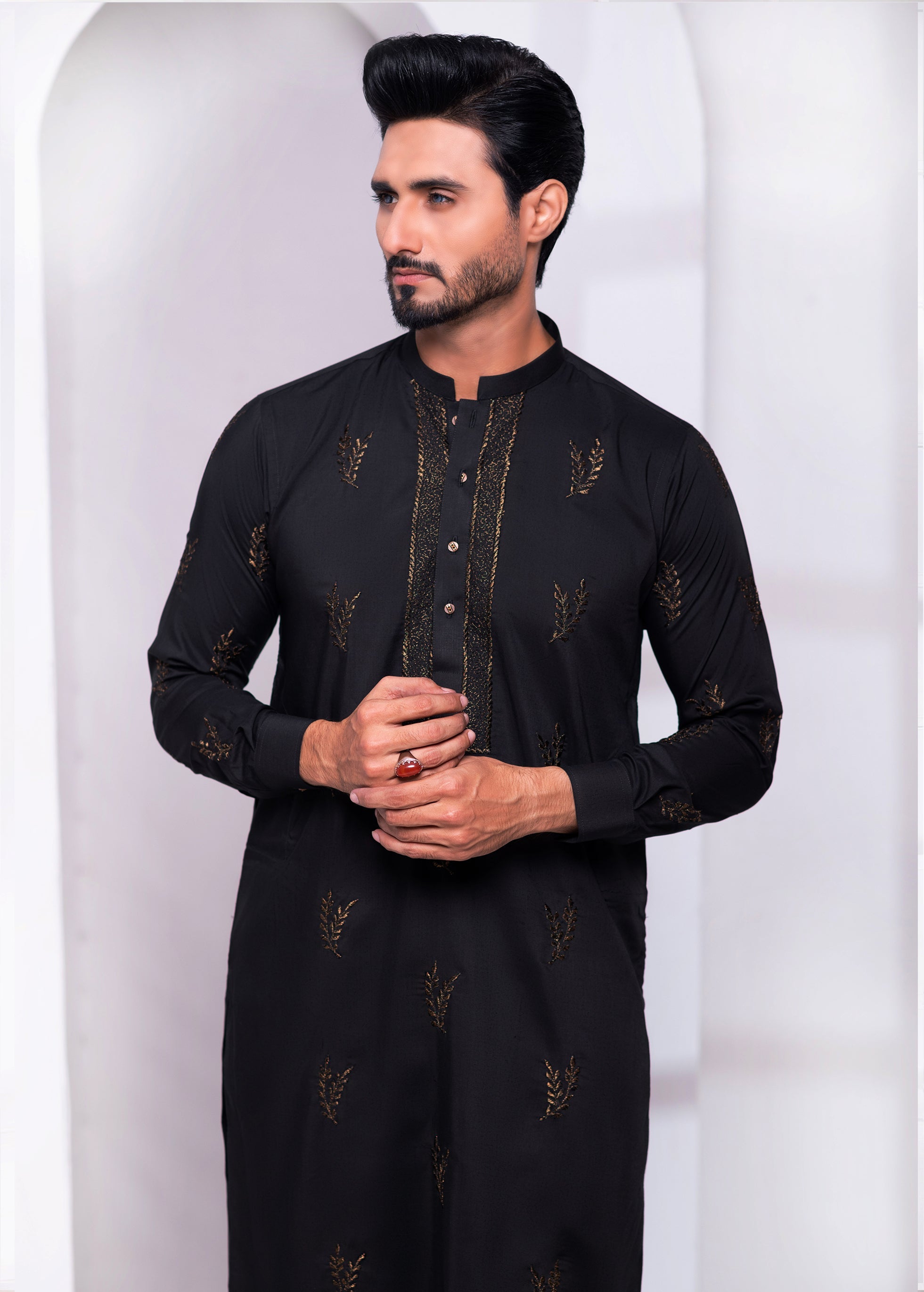 Black Color Zari Embroidered Wash & Wear Kurta Pajama For Men