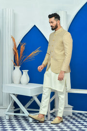 Beige Color Diagonal Embroidered Prince Coat For Men
