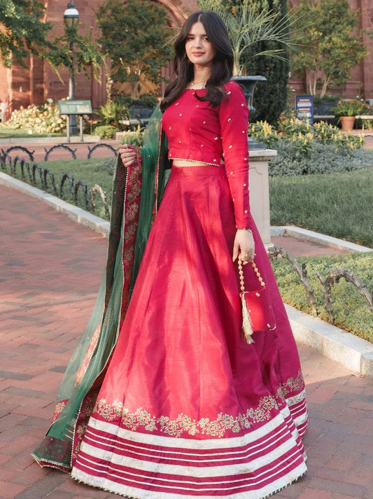 Rubi Red Chiffon Choli with Raw Silk Lehenga & Net Dupatta For Women